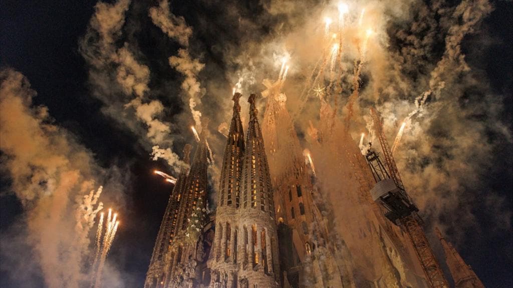 Fireworks illuminate Barcelona's Sagrada Família during Pope visit