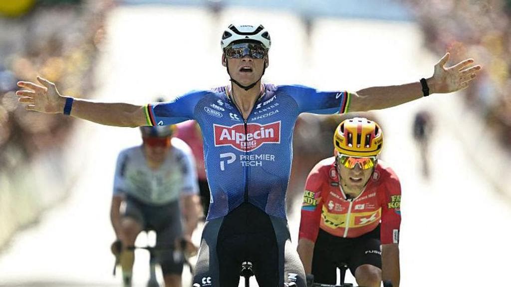 Van der Poel wins shortened Tour stage in 40C heat
